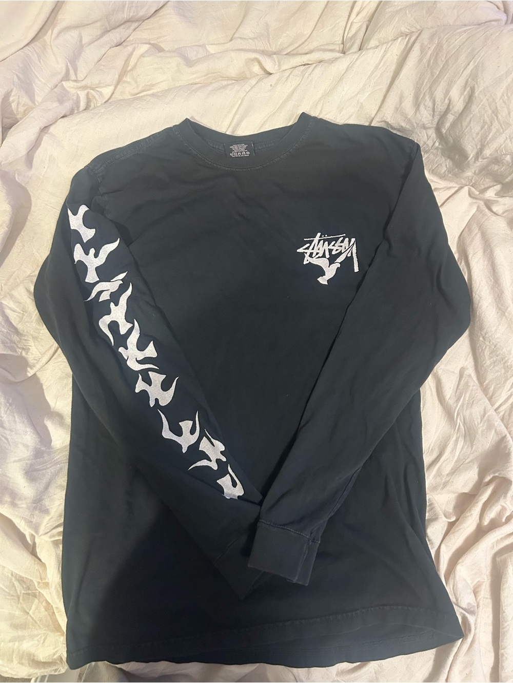 Stussy Black Long Sleeve Tee with White Sleeve Graphics